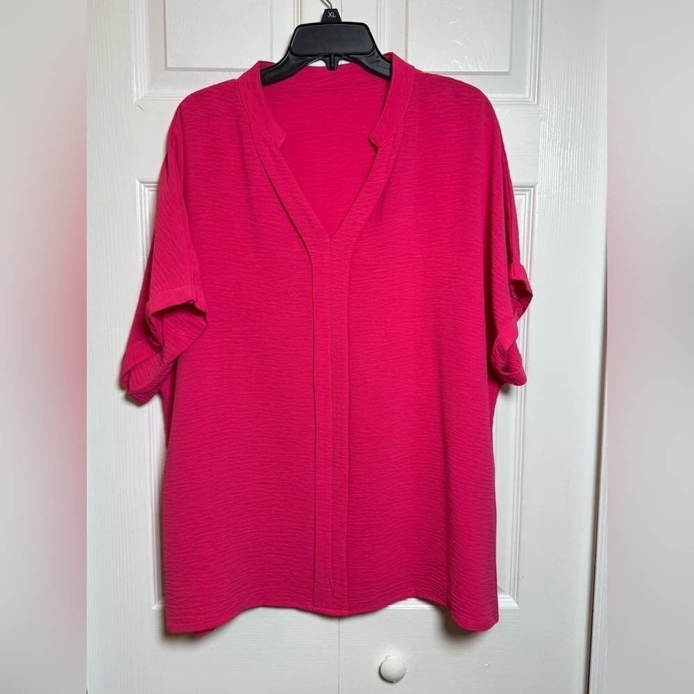 Women’s Fuchsia V-Neck Roll Tab Blouse 2XL Pink Tunic Top